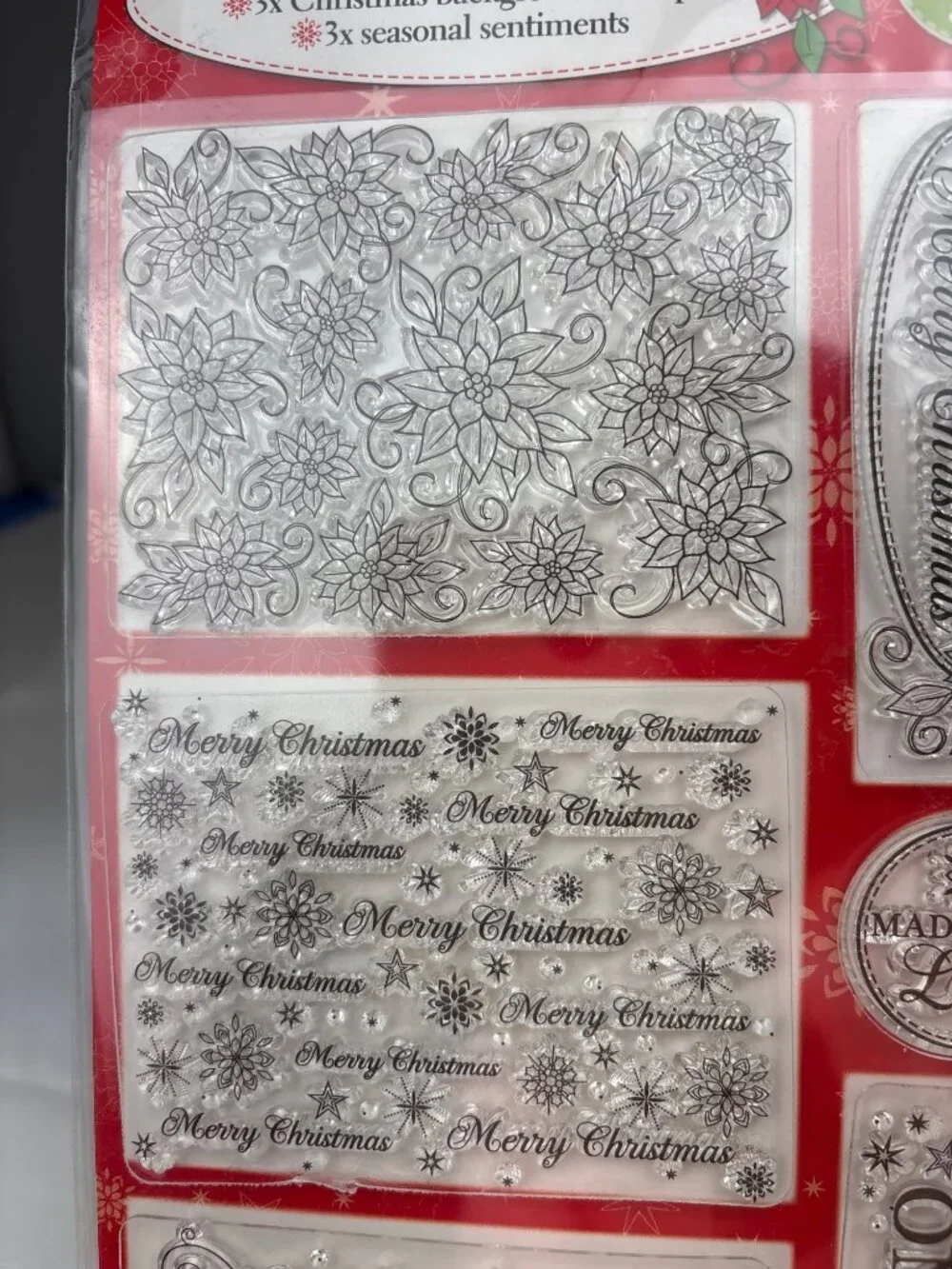 Festive Flourishes 3X Christmas Clear Cling Stamps Merry Sentiments & Patterns